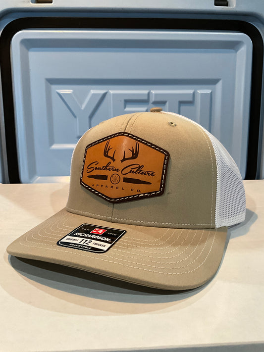 Antlers & Bullet Light Leather Patch Trucker Hat