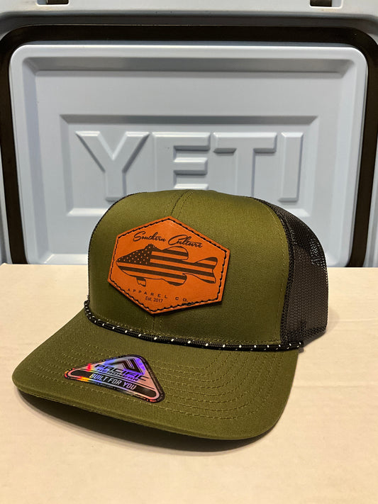 Bass American Flag Leather Patch Rope Trucker Hat