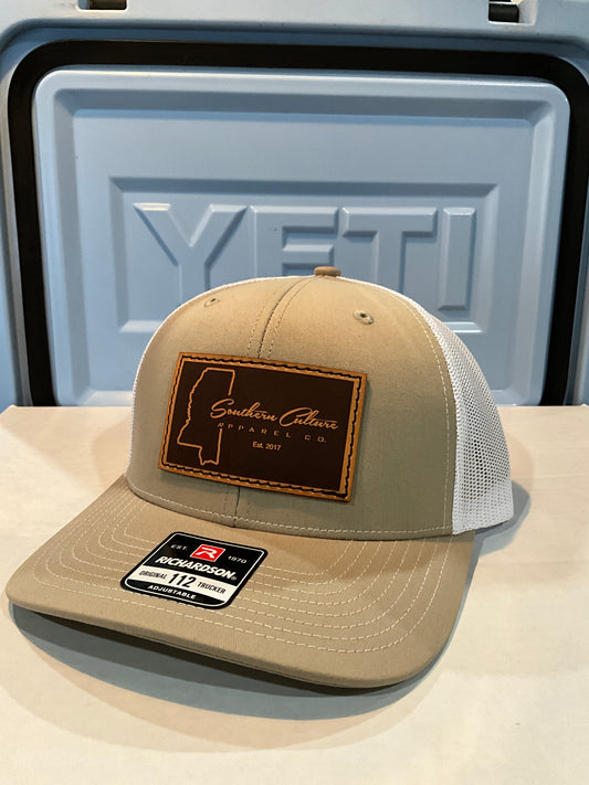 Mississippi State Dark Leather Patch Trucker Hat